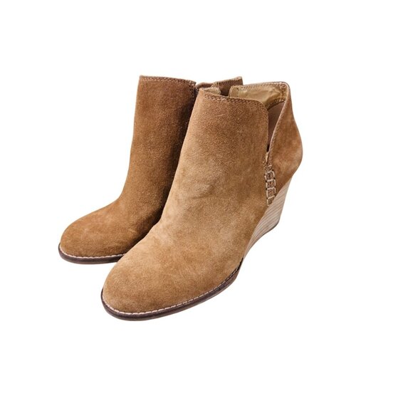 Lucky Brand Yimme Booties Tan Suede Wedge Ankle Booties Western Boho City Shoes - Picture 2 of 11